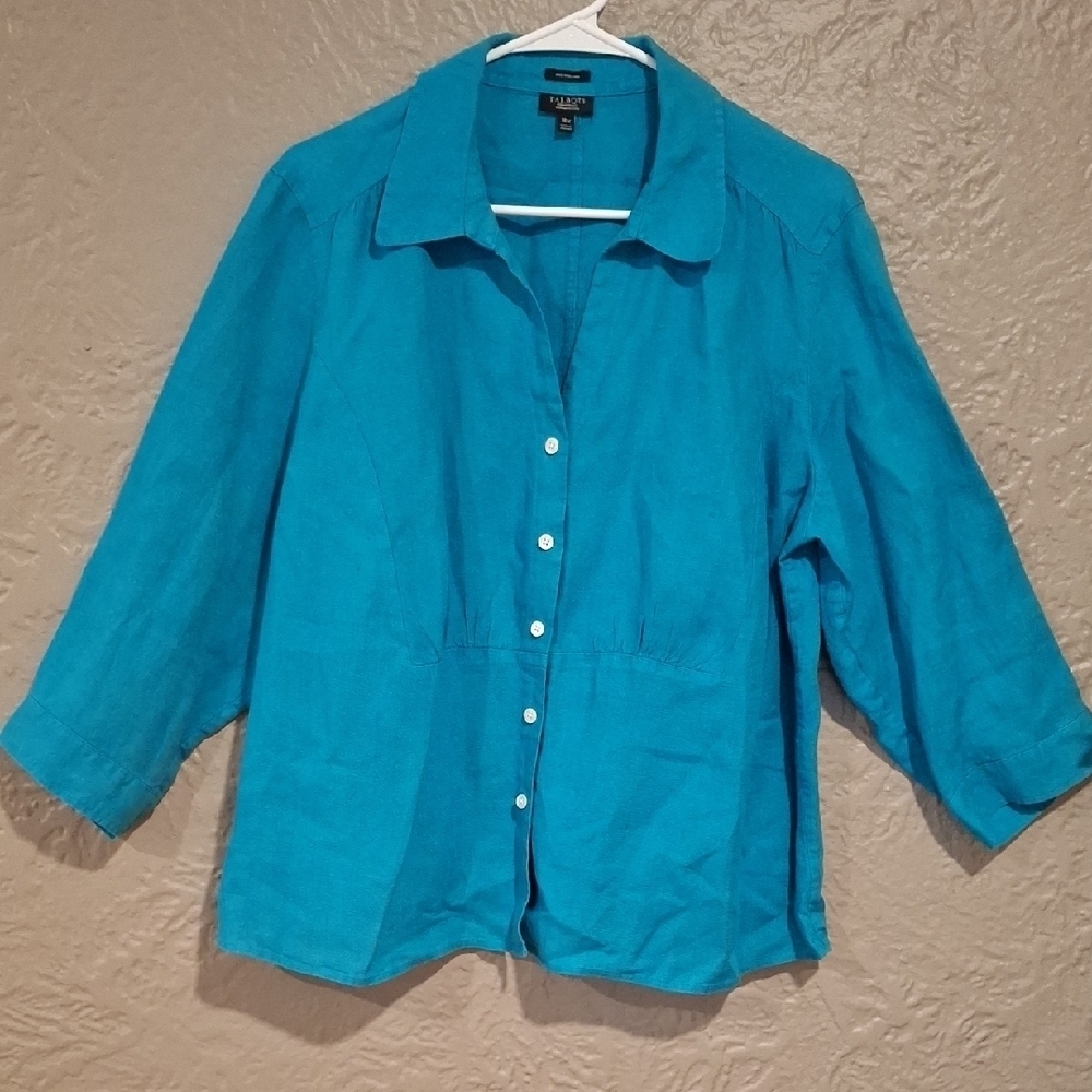 Talbots Blue Boxy 3/4 Sleeve Button Down Shirt